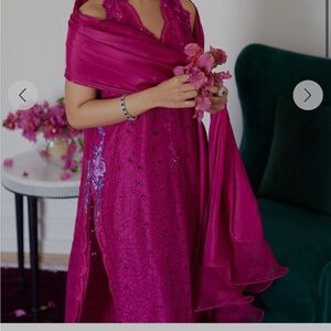 Farah Talib Aziz FTA Clariene Hot Pink embroidered shirt silk Dupatta trousers
